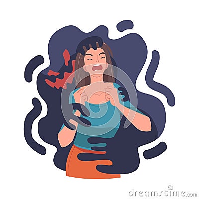 Young Woman Feeling Anger and Malice Grasped by Dark Inner Monster Vector Illustration Vector Illustration