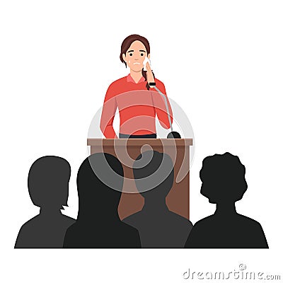 Young woman feeling fear and anxiety before stage speech. Nervous shy Vector Illustration