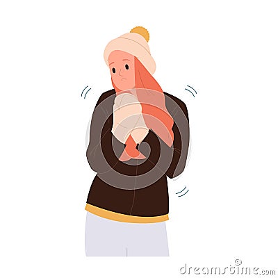 Young woman feeling freezing wearing warm knitted hat and mittens trembling suffering from cold Vector Illustration