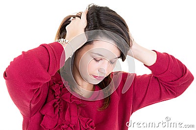 Young woman feeling stressed hands on head in white background Stock Photo