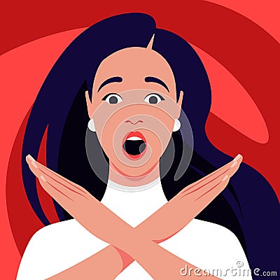 A young woman feels stress, fear, horror. Gesture of refusal Vector Illustration