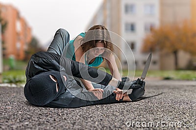 Young woman is fighting with armed thief with knife. Self defense concept Stock Photo