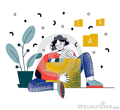 Young woman with files folder with documents. Online document storage service, archive. Cartoon Illustration