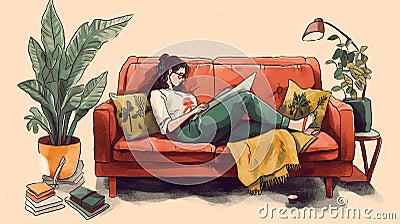 Ai Generative Young woman reading a book on the sofa in the living room Stock Photo