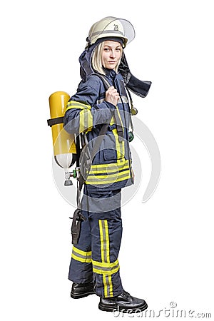 Young woman firefighter wearing uniform and helmet with air pack on her back isolated Stock Photo