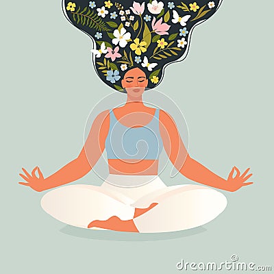 Young woman with flower hair sits in lotus pose of yoga. Free mind concept. Female mental health, blooming brain Vector Illustration