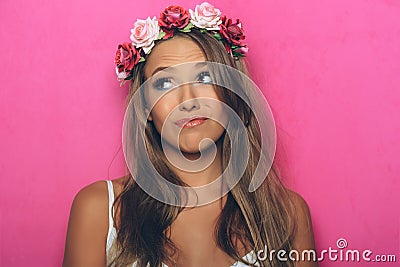 Young woman with flowers in her hair Stock Photo