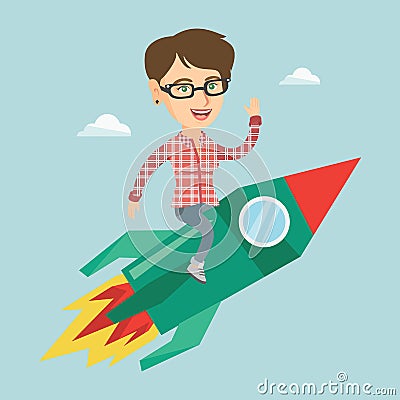 Young woman flying on business start up rocket. Vector Illustration