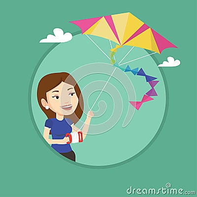 Young woman flying kite vector illustration. Vector Illustration