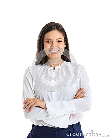 Young woman in formal clothes on white background Stock Photo