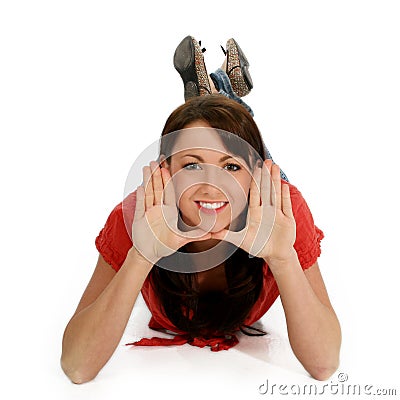 Young Woman Framing Face with Hands Stock Photo