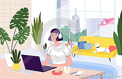 Young woman freelancer works remotely from her apartment. The concept of distant work during the quarantine and Vector Illustration