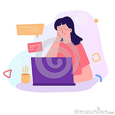 Young woman frustrated stressed paying high bills online on laptop with credit card. Vector Illustration