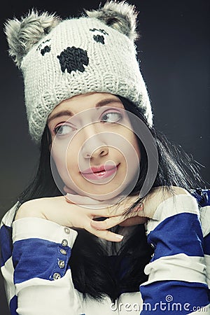 Young woman in funny winter hat Stock Photo