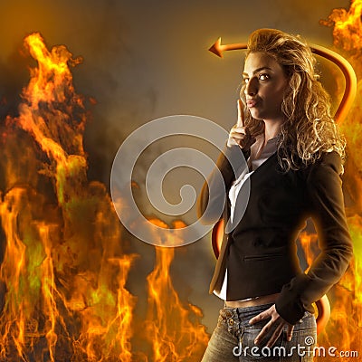 Young woman in fur Devil Stock Photo