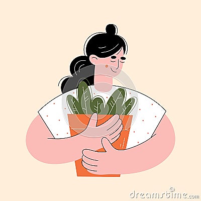 Young woman gardener. Girl florist. Home plants. Gardening concept. Vector Illustration