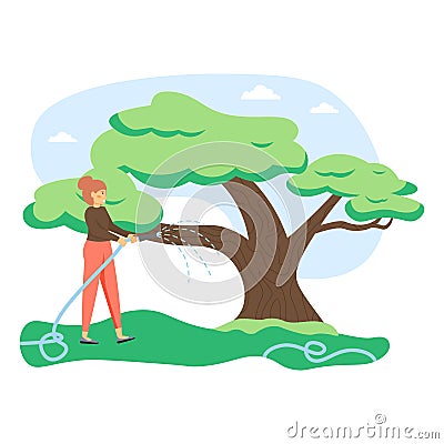 Young woman, gardener watering tree with water hose, flat vector illustration Vector Illustration