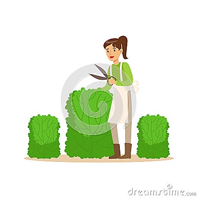 Young woman gardener working with hedge shear, craft hobby or profession colorful character vector Illustration Vector Illustration