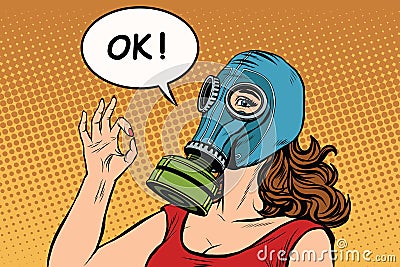 Young woman in gas mask okay gesture Vector Illustration