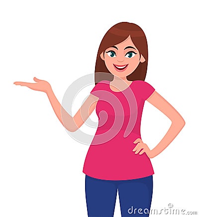 Young woman gesturing hand to copy space side away for product or advertising text. Girl holding hand on hip and presenting. Vector Illustration