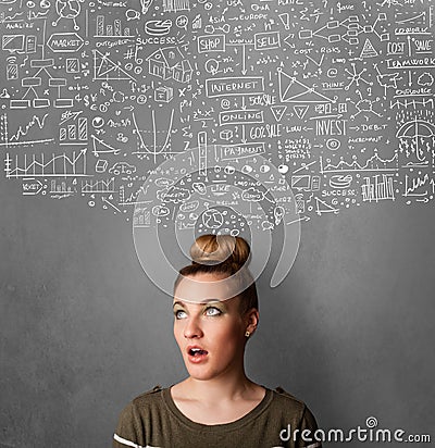 Young woman gesturing with sketched charts above her head Stock Photo