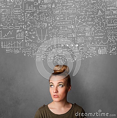 Young woman gesturing with sketched charts above her head Stock Photo