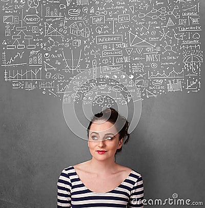 Young woman gesturing with sketched charts above her head Stock Photo