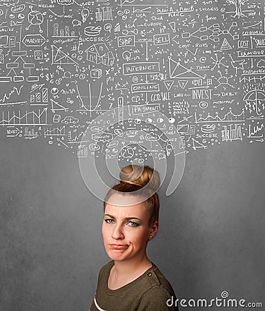 Young woman gesturing with sketched charts above her head Stock Photo