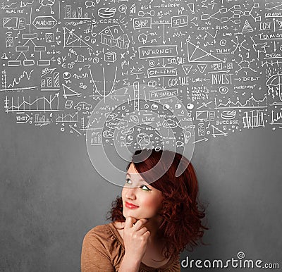 Young woman gesturing with sketched charts above her head Stock Photo