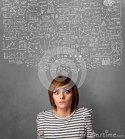 Young woman gesturing with sketched charts above her head Stock Photo