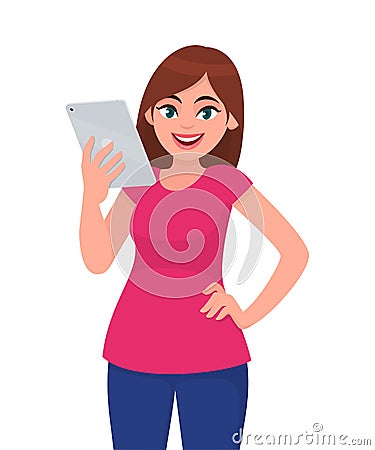 Young woman or girl holding a digital tablet computer in hand. Person using a gadget device. Female character design illustration. Vector Illustration