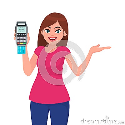 Young woman/girl showing pos terminal or credit/debit cards swiping machine and gesture hand to copy space side away. Vector Illustration