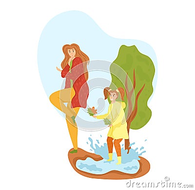 Young woman and girl splashing in puddle, wearing raincoats. Child and adult enjoying rainy weather outdoors, playful Vector Illustration