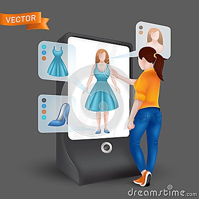 Young woman or girl trying on clothes in front 3D virtual display mirror with fitting simulation function. Vector illustration of Vector Illustration