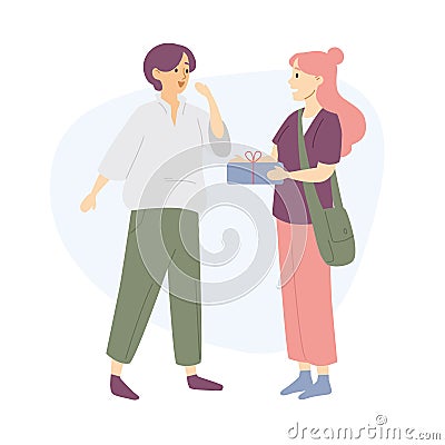 Young woman giving a friend present box, girl receiving a gift. Vector Illustration