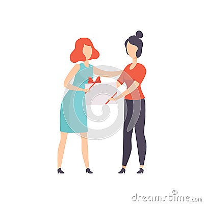 Young woman giving gift box decorated with red ribbon bow to her female friend, people celebrating holidays concept Vector Illustration