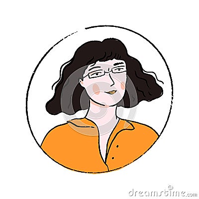 Young woman in glasses with wavy blunt bob hairstyle and fringe. Doodle portrait of confident girl in orange polo shirt. Vector Illustration