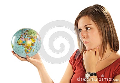 Young woman with globe Stock Photo