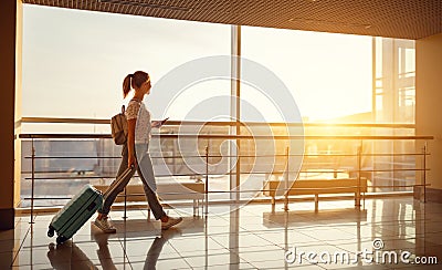 Young woman goes at airport at window with suitcase waiting for Stock Photo