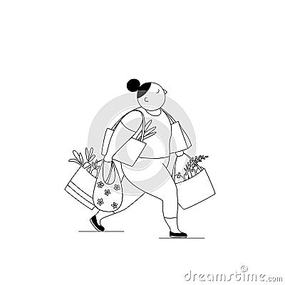 Young woman with grocery shopping.Linear cartoon flat vector illustration isolated on a white background Cartoon Illustration