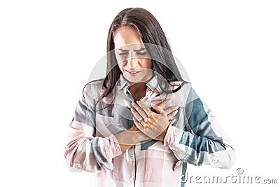 Young woman with hands on chest with heart arrhythmia Stock Photo