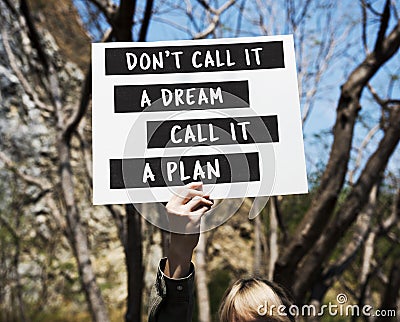 Young Woman Hands Holding Blank Paper with Life Motivation Phrase Stock Photo