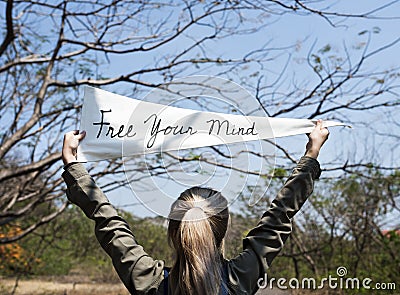 Young Woman Hands Holding Sign Said Free Your Mind Stock Photo