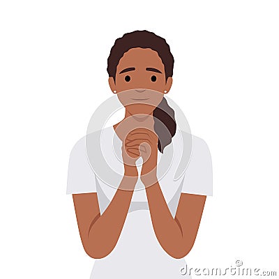 Young woman with hands in prayer ask for forgiveness or beg. Happy girl feel hopeful and joyful praying. Faith and belief Cartoon Illustration