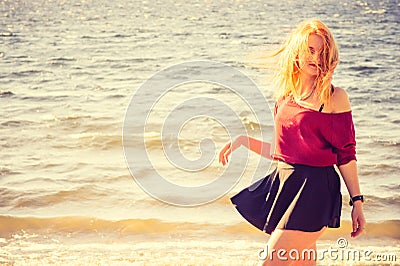 Young Woman happy walking outdoor Lifestyle Fashion Stock Photo