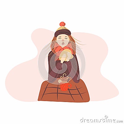 A young woman has the flu, sits in warm clothes with a mug of hot drink and sneezes. Cartoon Illustration