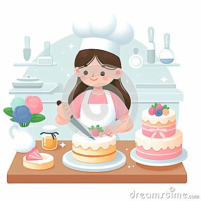 Illustration in flat style of a pastry chef making a cake. Stock Photo