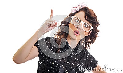 Young woman have a idea and showing with her finger up Stock Photo