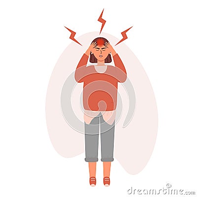 Young woman having a headache or migraine and suffering for this. Vector illustratin in trendy live flat style. Healthcare, pain, Vector Illustration