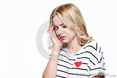 Young Woman Having Headache. Stressed Exhausted Young Woman Having Strong Tension Headache. Suffering From Migraine. Stock Photo